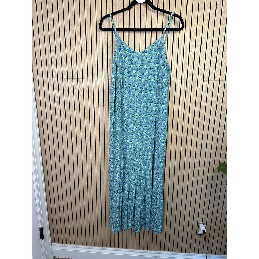 Natural Life Blue Floral Rayon Jumpsuit Wide Leg Ruffle Hem (Large, EUC)